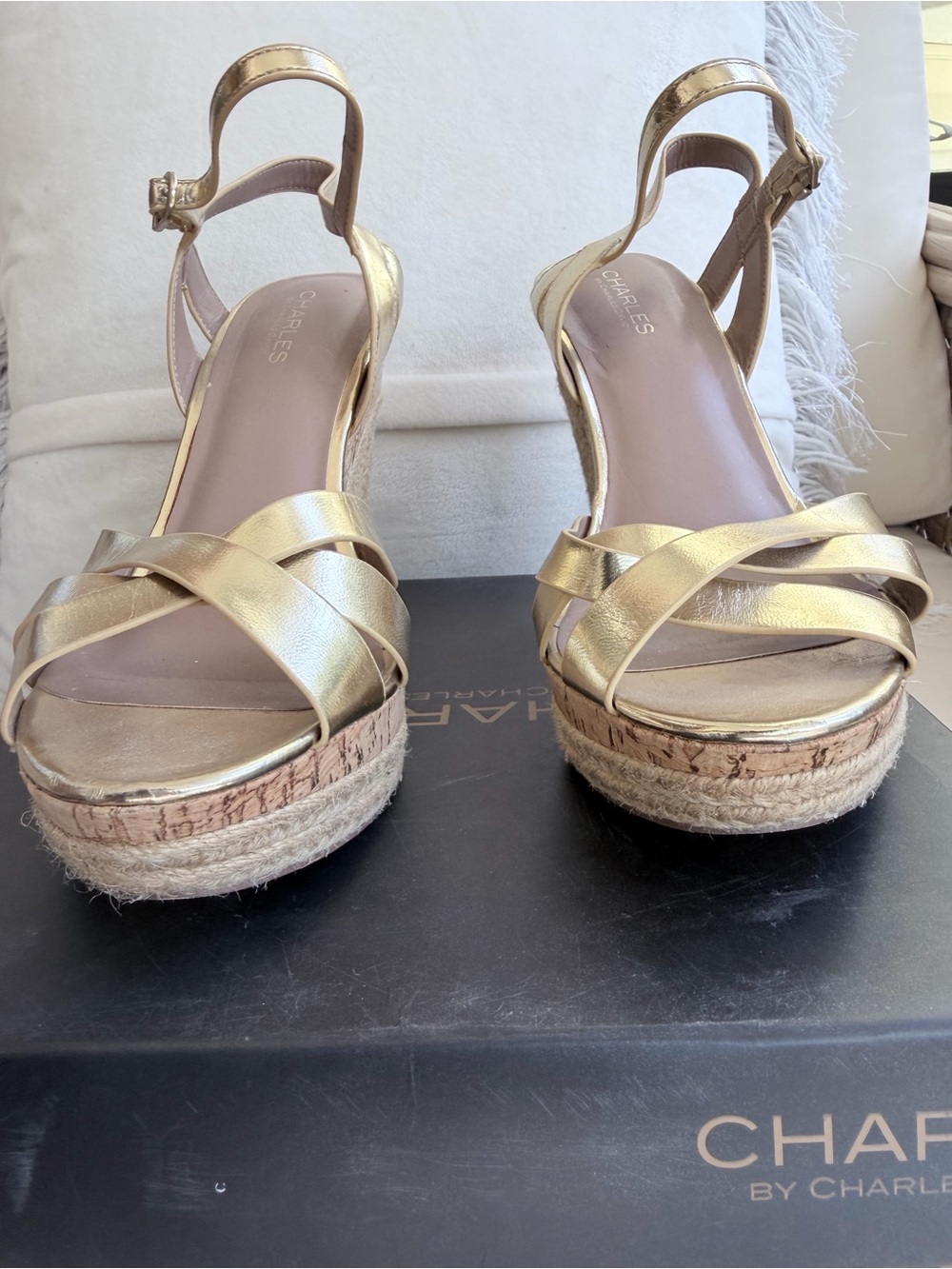 Charles David Metallic Gold Braided Espadrille Wedges with Ankle Wrap 10 - Picture 3 of 10